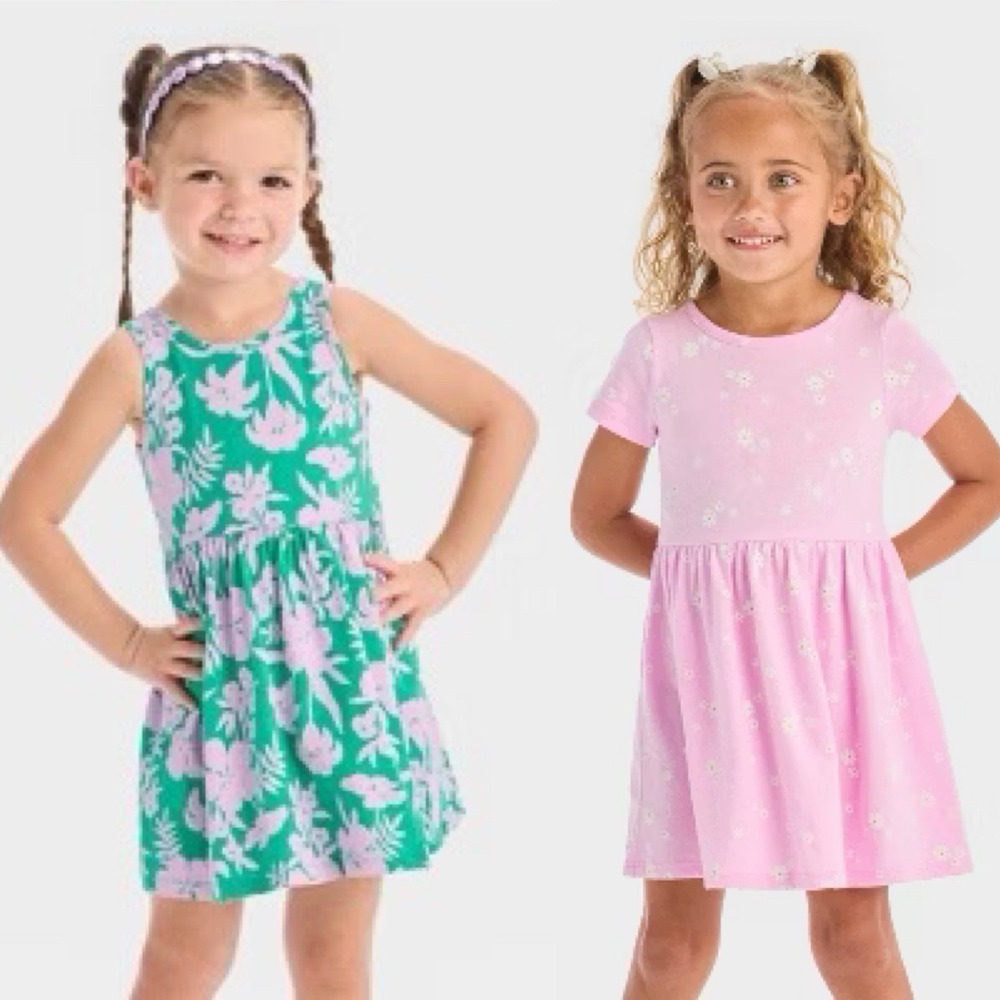 Lot of 2 Cat & Jack Baby Girls Floral Knit Dress Bundle 18M Pink Green